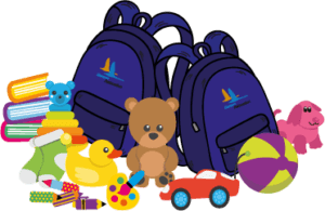 backpacks surrounded by toys