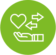Green icon with heart and hand with arrows