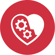 Red icon with heart and cogs in middle