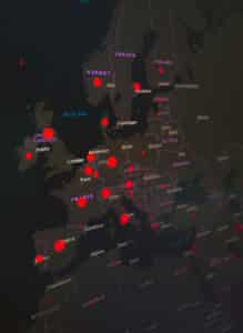 Red lights showing covid rates on a map