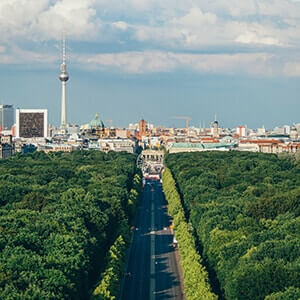 Aerial view of Berlin skyline and wooded areas
