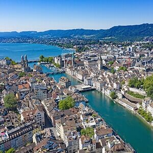 Aerial view of Limmat river and famous Zurich churches