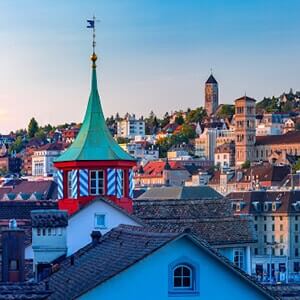 Aerial view over roofs and towers of Old Town of Zurich