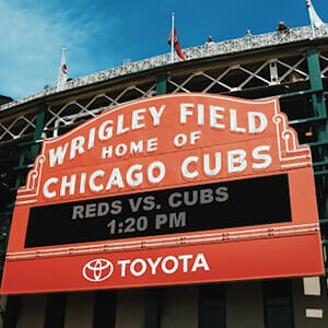 Exterior view of Wrigley Field baseball stadium in Chicago