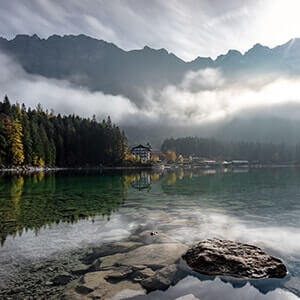 Mountain lake on a misty day in Eibsee, Grainau, Germany