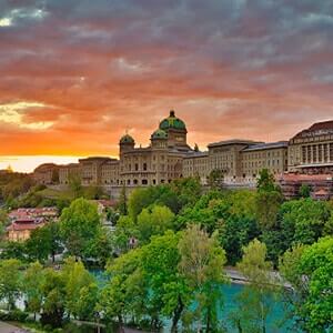 Sunset sky and Federal Palace in Bern, Switzerland