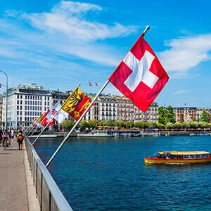 Swiss flags at the Pont du Mont Blanc bridge in Geneva