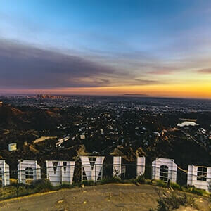 View of Los Angeles from the Hollywood hills above the famous Hollywood sign