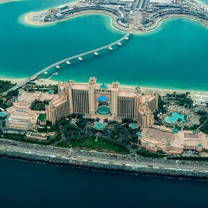 Aerial view of Dubai’s coastline and The Palm Atlantis Dubai hotel