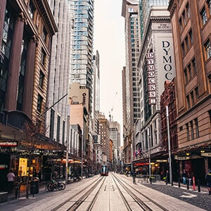 George Street Sydney with tram lines and shops