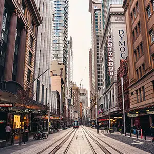 George Street Sydney with tram lines and shops George Street Sydney with tram lines and shops