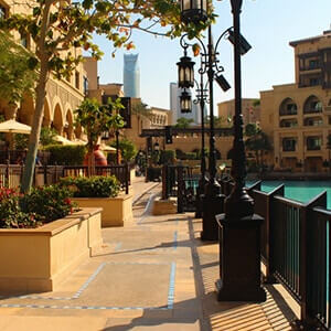 Waterside walkways as the sun sets in downtown Dubai