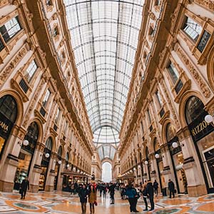 A shot taken from inside a shopping centre, Milan, up at the elegant dome glass roof