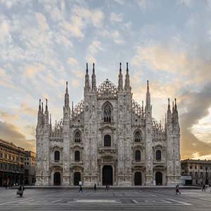 A view of the Duomo Cathedral across the Cathedral square on an early morning in Milan