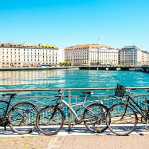 Bicycles sitting by lake in Geneva