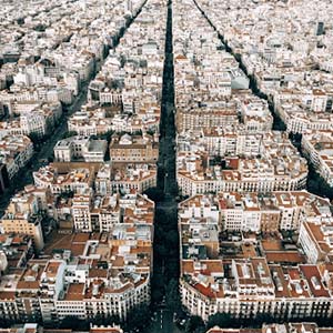 Birds-eye view of Barcelona districts - a block of flats divided by roads