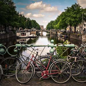 Taken on a bridge over one of Amsterdam’s canals, with bicycles in the foreground