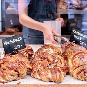 Fresh Swedish buns in a bakery window in Stockholm, Sweden