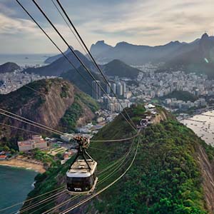 View from a cable car over Copacabana and Rio de Janeiro, Brazil, at golden hour