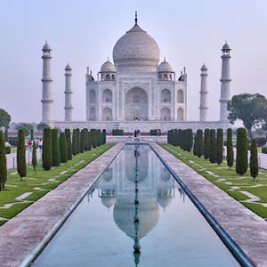 View of the Taj Mahal in India at sunrise