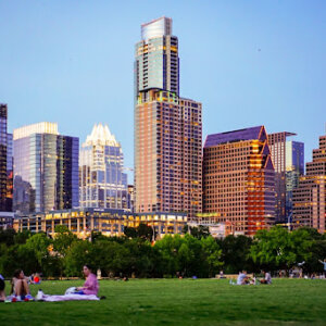 Austin Texas city skyline view with a park in the foreground