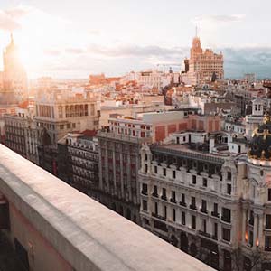 Aerial view of the sunset in Madrid, Spain