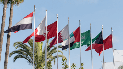 Flags From The Nations In The Middle East Flying With Palm Trees In The Background