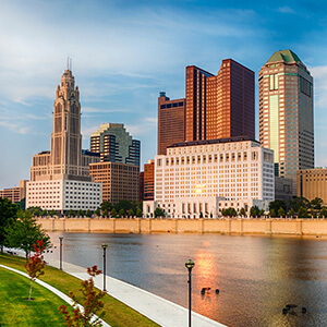 City skyline over the Scioto River in Columbus, Ohio