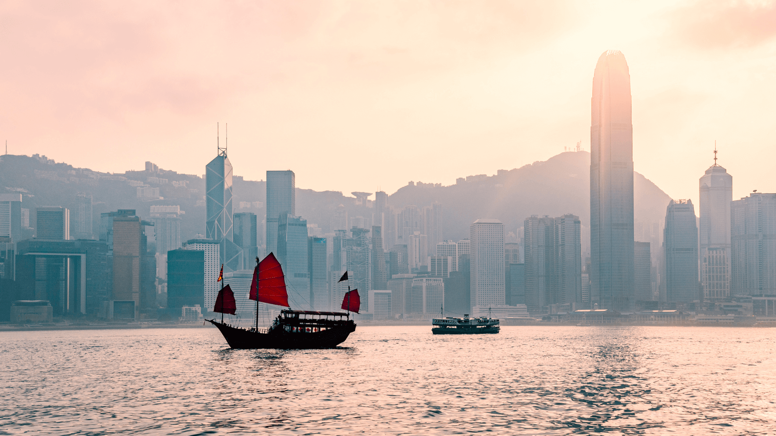 Junk Boat In Hong Kong At Victoria Harbour In The Evening