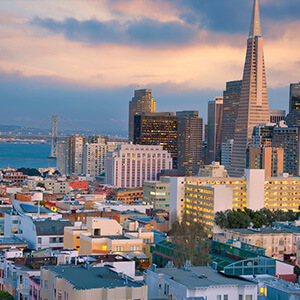 Skyline of San Francisco all the way to the river at sunset