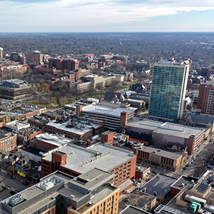 The downtown aerial image of Ann Arbor and the University of Michigan