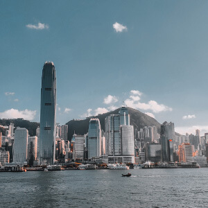 The famous skyscrapers of Hong Kong with a view from across a river