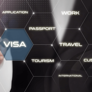 Global mobility keywords such as visa, international, work, etc. within hexagons with a businessman in the background