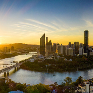 An aerial view of Brisbane at sunset