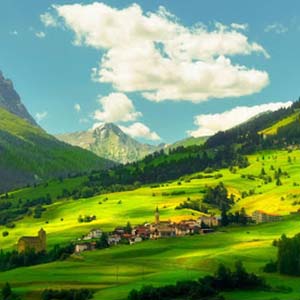 Rolling green hills and mountains in Switzerland