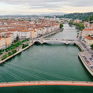 Aerial view of Palais de Justice Footbridge above Saone River in Lyons, France