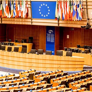 Interior of the meeting room in the European Parliament in Brussels, Belgium