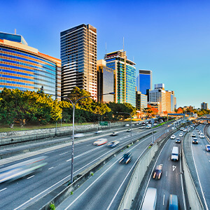 Wide view of multi lane Warringah freeway going through North SYdney during morning rush hour traffic peak and congestion in Australia Wide view of multi lane Warringah freeway going through North SYdney during morning rush hour traffic peak and congestion in Australia